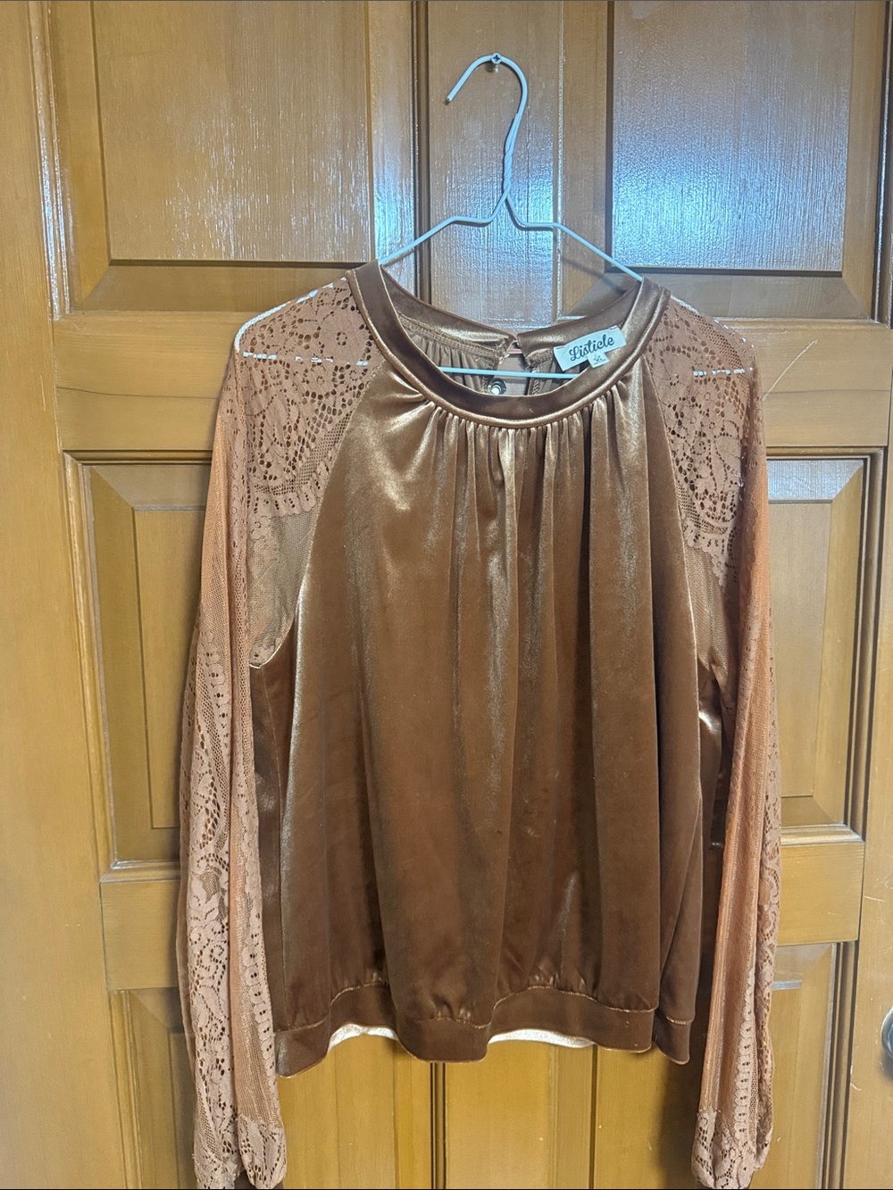 Listicle Copper-Brown Velvet Long Sleeve Top with Lace Sleeves